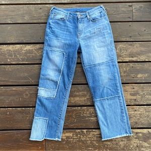 True religion patchwork straight leg raw hem jeans